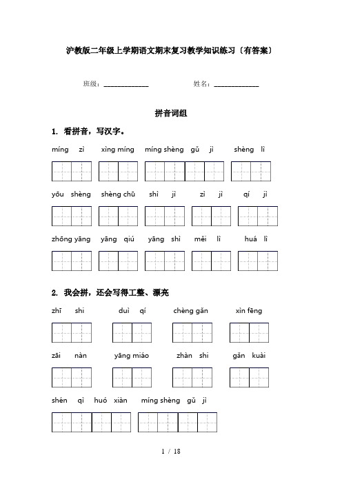 沪教版二年级上学期语文期末复习教学知识练习〔有答案〕