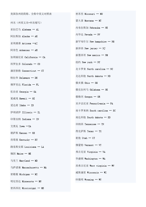 美国各州的简称、全称中英文对照表
