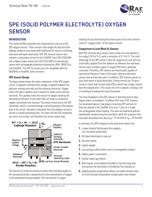 RAE Systems  SPE (固体聚合物电解质)氧传感器说明书