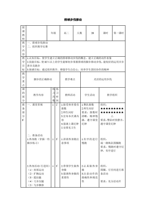 高中 排球步伐移动 教案