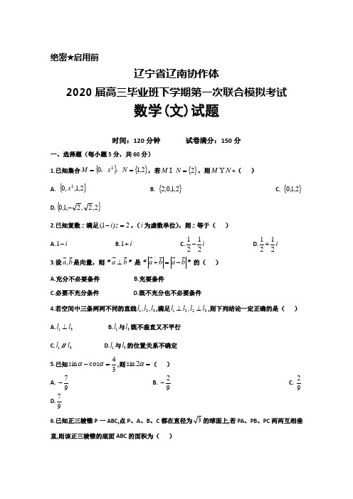 2020届辽宁省辽南协作体高三下学期第一次联合模拟考试数学(文)试题及答案