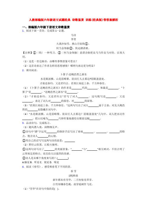 人教部编版六年级语文试题经典 诗歌鉴赏 训练(经典版)带答案解析