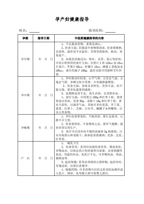 孕产妇中医药健康指导表