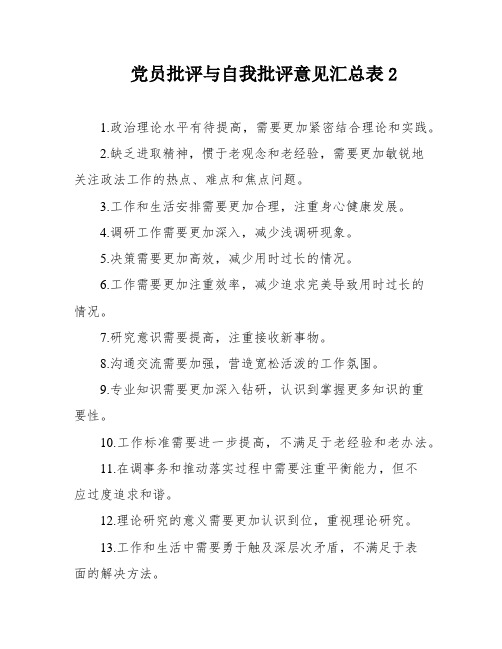 党员批评与自我批评意见汇总表2