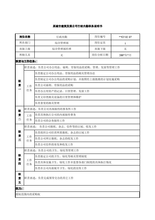 城市建筑发展公司行政内勤职务说明书