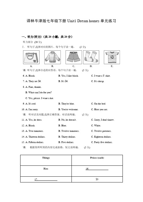 译林牛津版七年级下册Unit1 Dream homes单元练习有答案