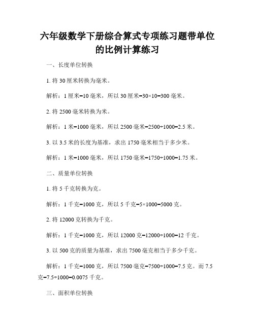 六年级数学下册综合算式专项练习题带单位的比例计算练习