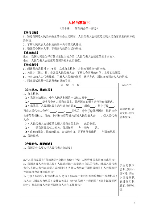 九年级政治全册 第十课 人民当家做主导学案(无答案) 