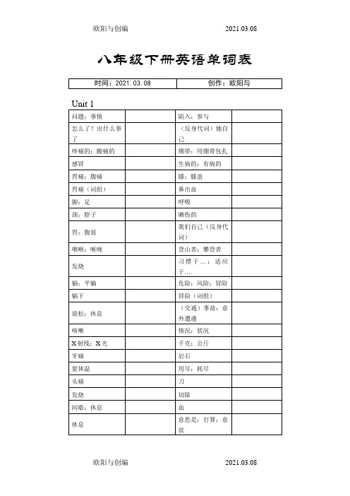 八年级下册英语单词表(听写版)之欧阳与创编