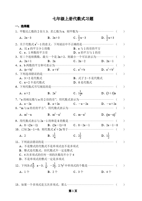 七年级上册代数式练习题