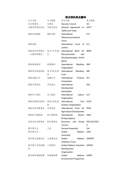 联合国各各机构中英对照