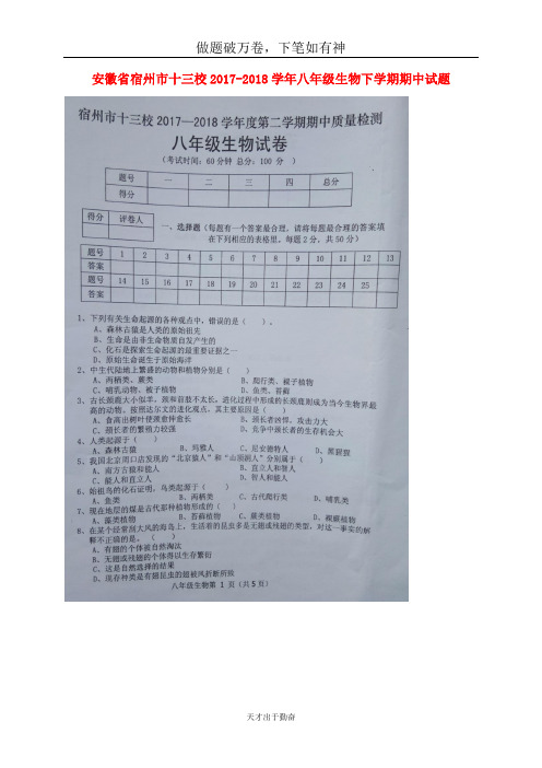 安徽省宿州市十三校2017_2018学年八年级生物下学期期中试题北师大版2-含答案 师生通用