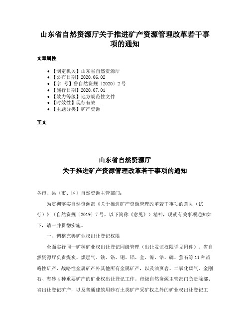 山东省自然资源厅关于推进矿产资源管理改革若干事项的通知