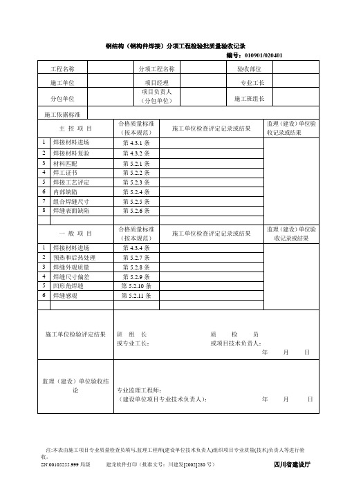 钢结构分项工程检验批质量验收记录