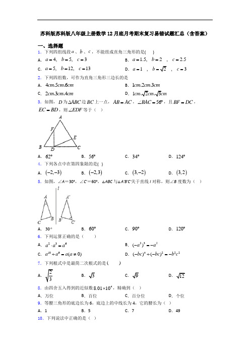 苏科版苏科版八年级上册数学12月底月考期末复习易错试题汇总(含答案)