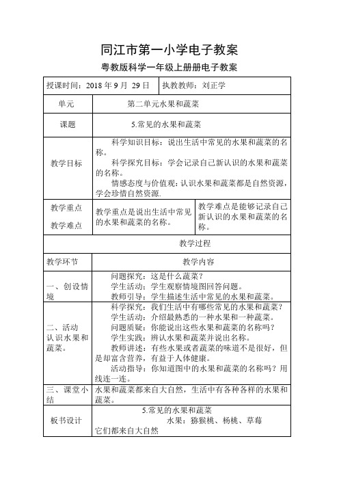 粤教版科学一年级上册5.常见的水果和蔬菜电子教案