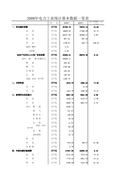 2009年电力工业统计基本数据一览表