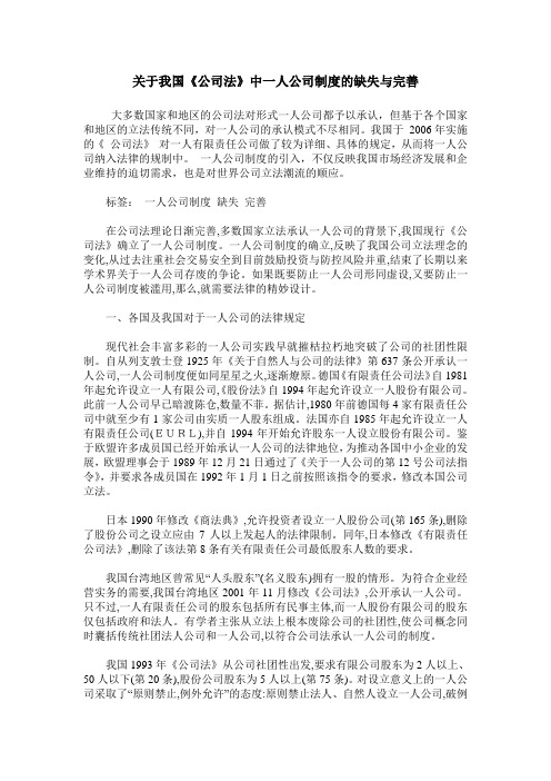 关于我国《公司法》中一人公司制度的缺失与完善