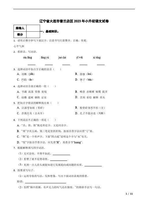 辽宁省大连市普兰店区2023年小升初语文试卷