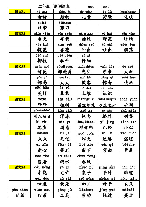 二年级下册词语表