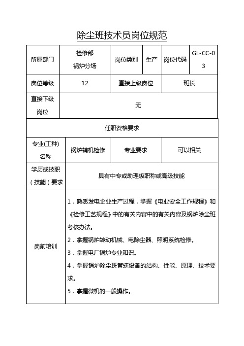 除尘班技术员岗位规范