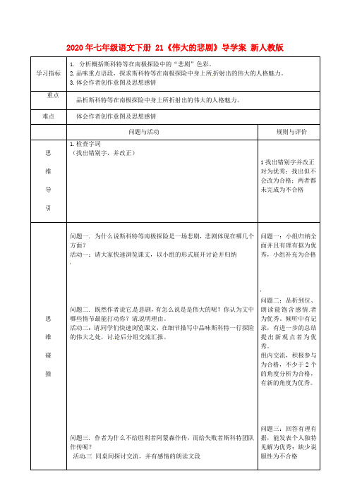 2020年七年级语文下册 21《伟大的悲剧》导学案 新人教版.doc