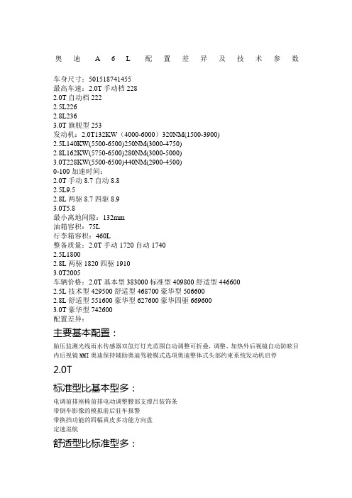 奥迪A6L配置差异及技术参数