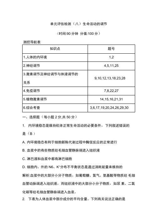 2020高考生物一轮复习单元评估检测(八)生命活动的调节