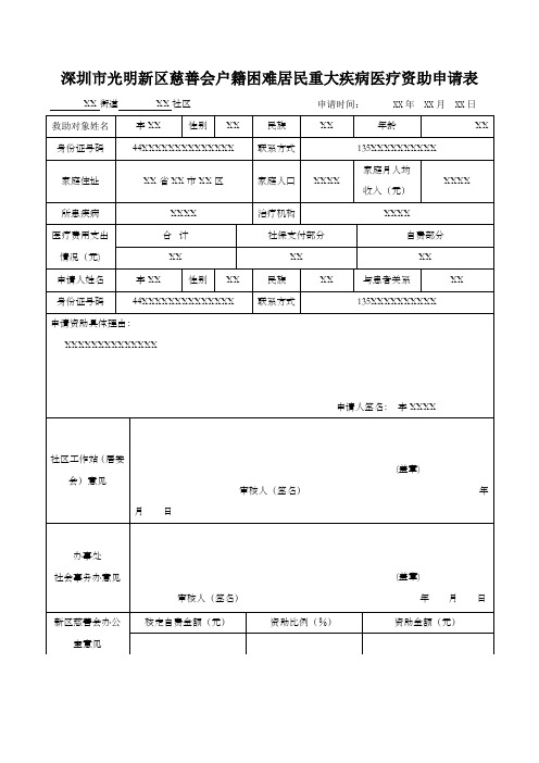 深圳市光明新区慈善会户籍困难居民重大疾病医疗资助申请表