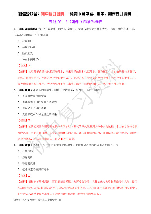 专题03 生物圈中的绿色植物(第01期)-2019年中考真题生物试题分类汇编(解析版)