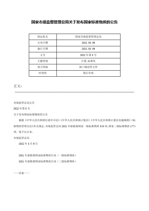 国家市场监督管理总局关于发布国家标准物质的公告-2022年第8号