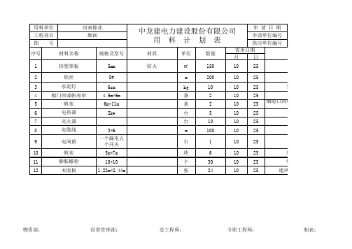 材料计划表格