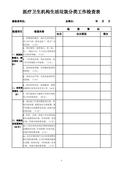 医疗卫生机构生活垃圾分类工作检查表自查表