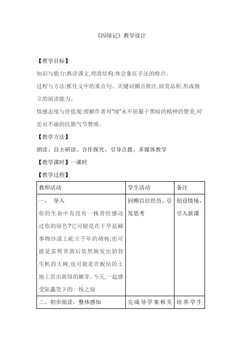 优质课一等奖高中语文必修二《囚绿记》教学设计