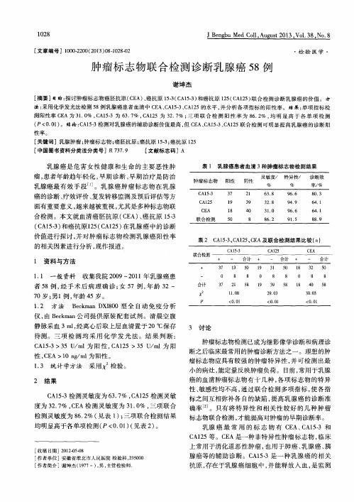 肿瘤标志物联合检测诊断乳腺癌58例