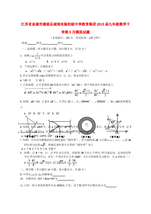 江苏省盐城市建湖县城南实验初级中学教育集团届九年级数学下学期月模拟试题