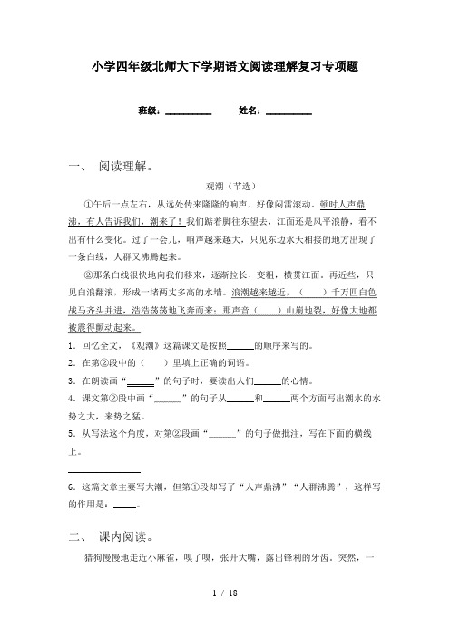 小学四年级北师大下学期语文阅读理解复习专项题