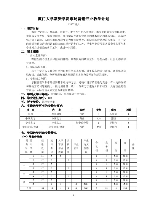 厦门大学嘉庚学院市场营销专业教学计划_20111490529025437