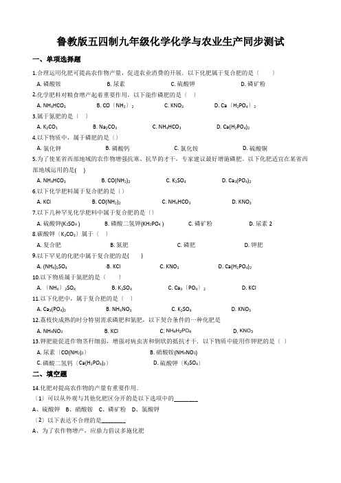 鲁教版五四制九年级化学化学与农业生产同步测试