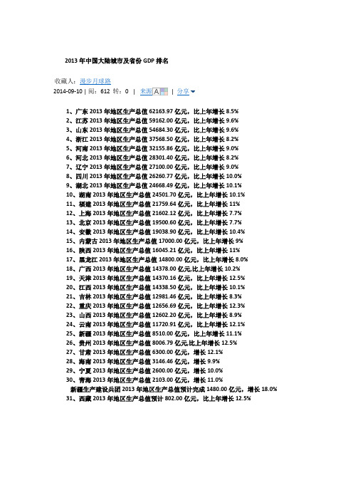 2013年中国大陆城市及省份GDP排名