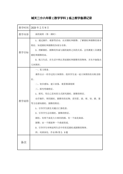 城关三小线上教学六年级数学备课记录表