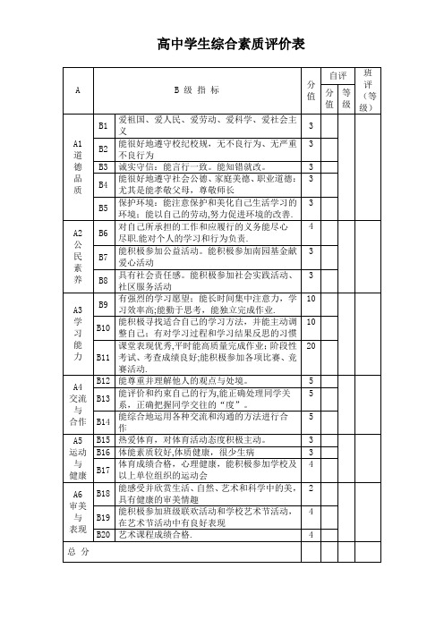 高中学生综合素质评价表