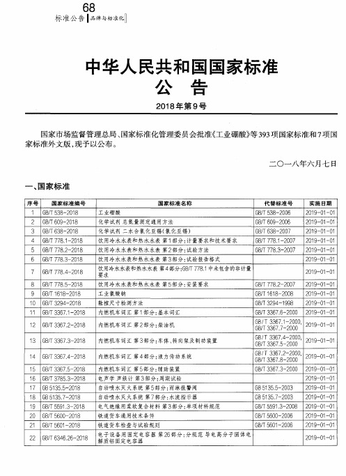 中华人民共和国国家标准公告 2018年第9号