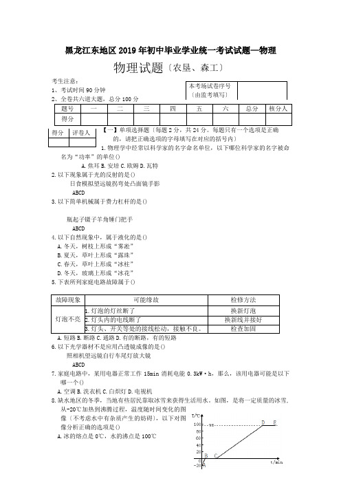 黑龙江东地区2019年初中毕业学业统一考试试题—物理