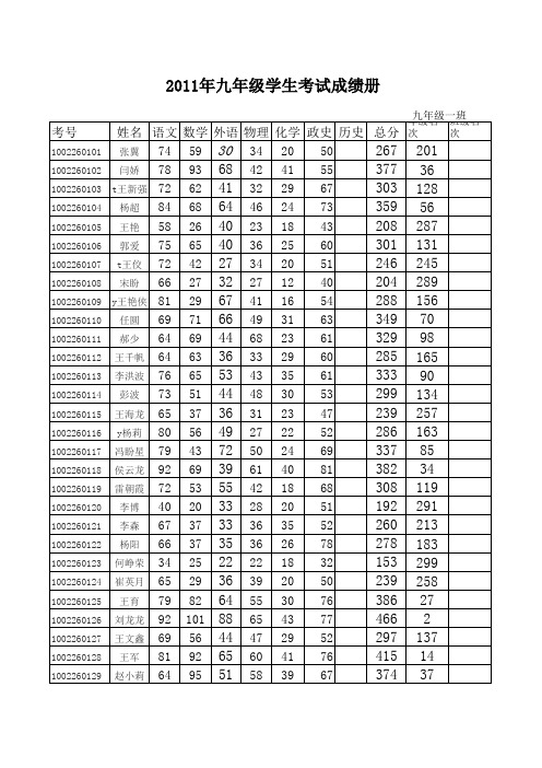 2011九年级成绩册(各科)