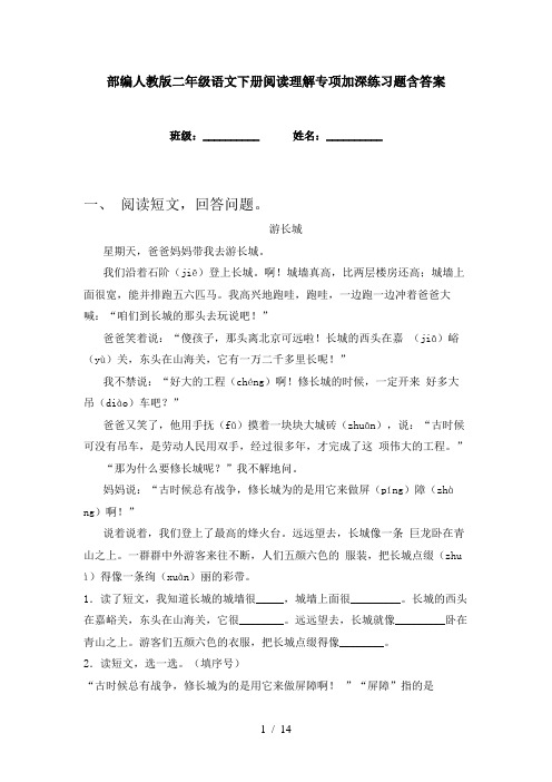 部编人教版二年级语文下册阅读理解专项加深练习题含答案