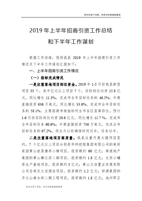 2019年上半年招商引资工作总结和下半年工作谋划