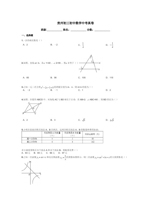 贵州初三初中数学中考真卷带答案解析
