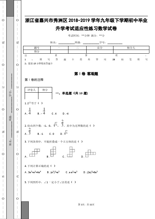 _浙江省嘉兴市秀洲区2018-2019学年九年级下学期初中毕业升学考试适应性练习数学试卷