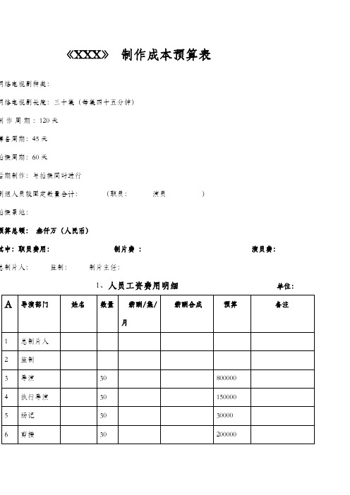 网剧电视剧制作预算表